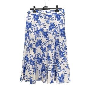 RW&CO Cotton Floral Print Tiered Flare Midi Skirt White Blue L